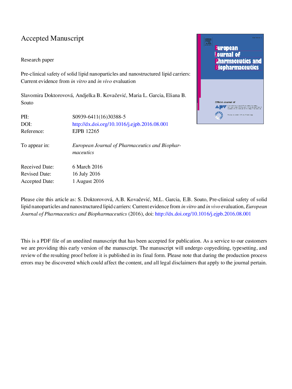 Preclinical safety of solid lipid nanoparticles and nanostructured lipid carriers: Current evidence from in vitro and in vivo evaluation