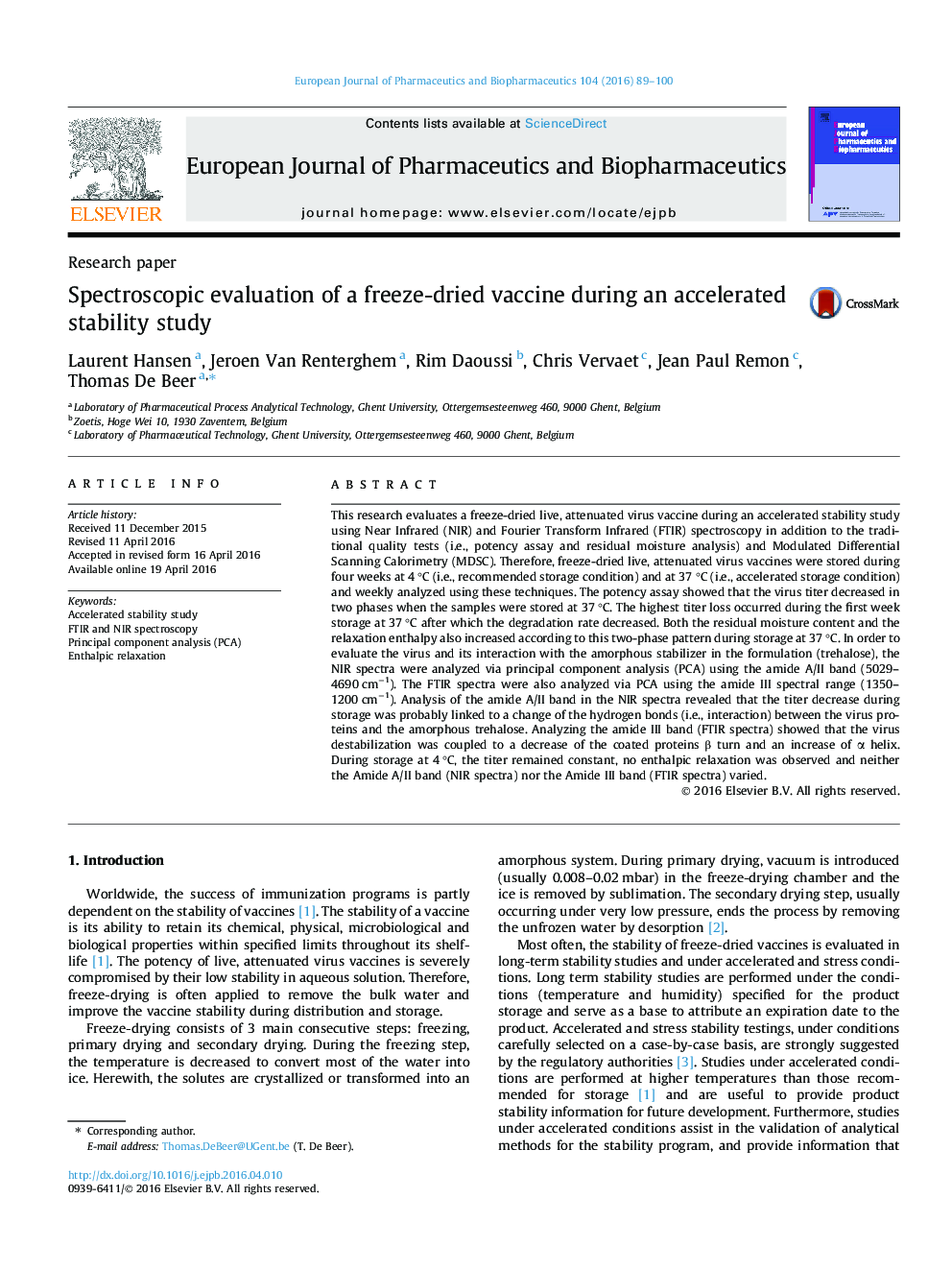 Spectroscopic evaluation of a freeze-dried vaccine during an accelerated stability study