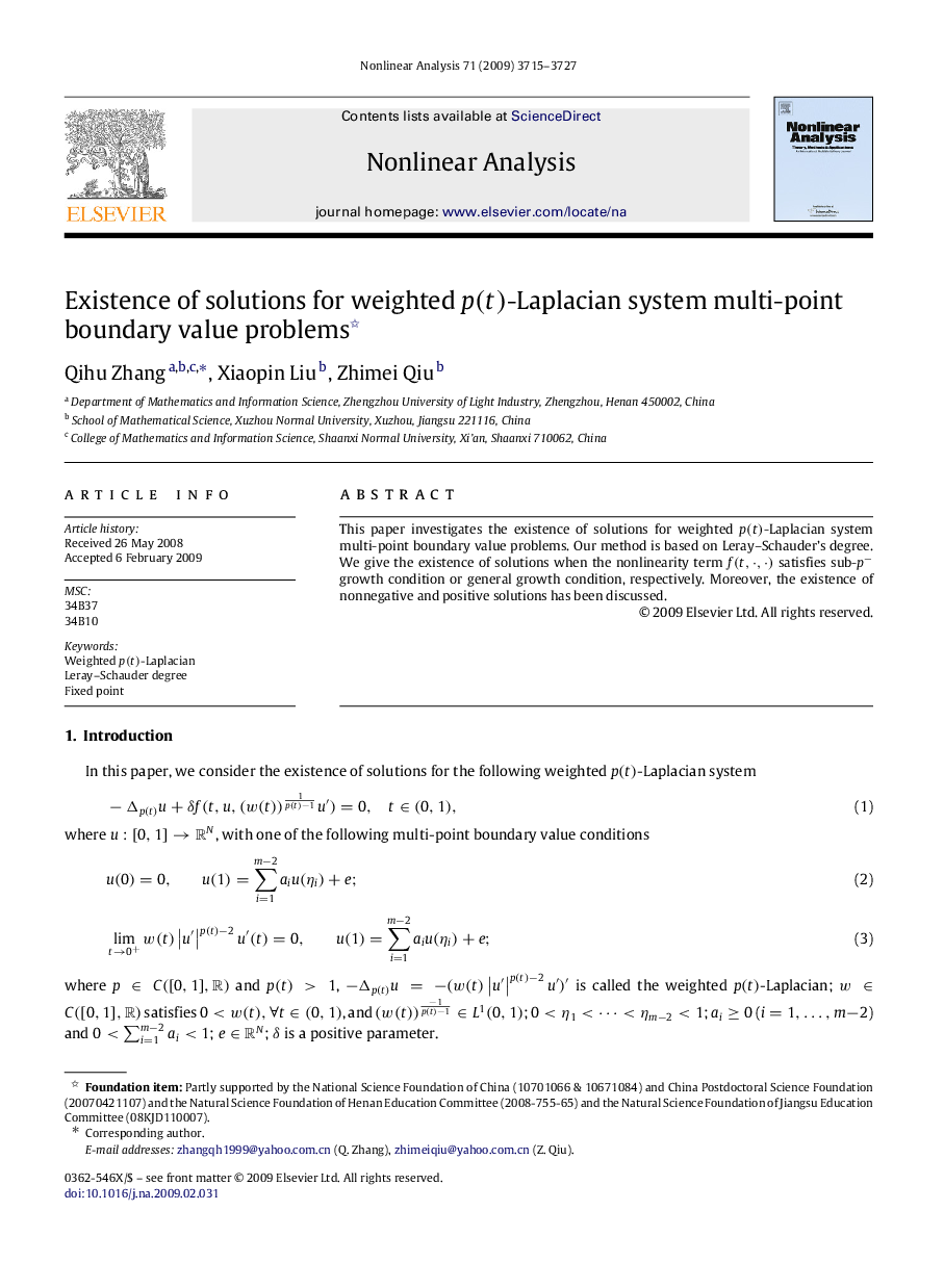 Existence of solutions for weighted p(t)p(t)-Laplacian system multi-point boundary value problems 