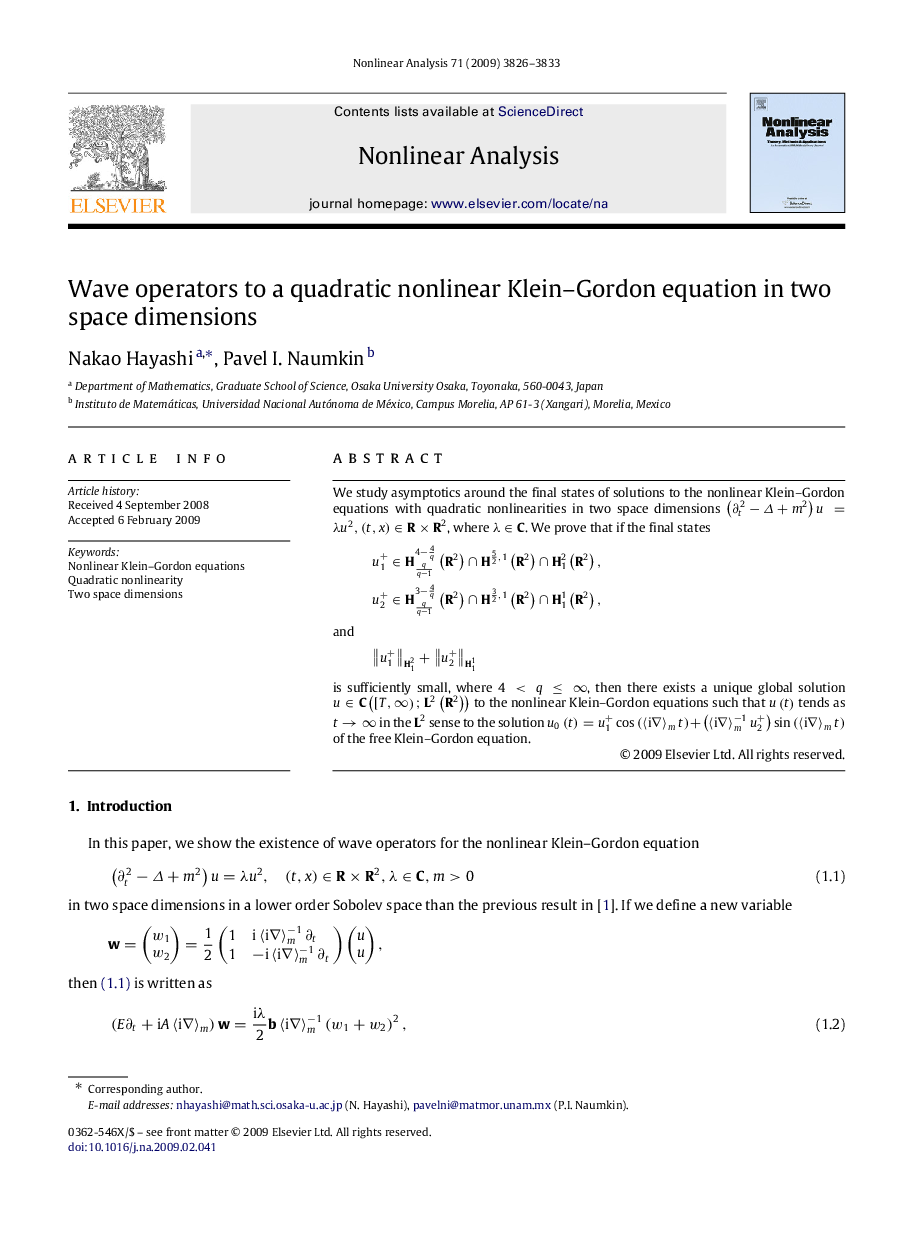 Wave operators to a quadratic nonlinear Klein–Gordon equation in two space dimensions