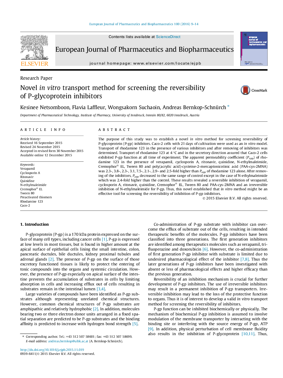 Novel in vitro transport method for screening the reversibility of P-glycoprotein inhibitors