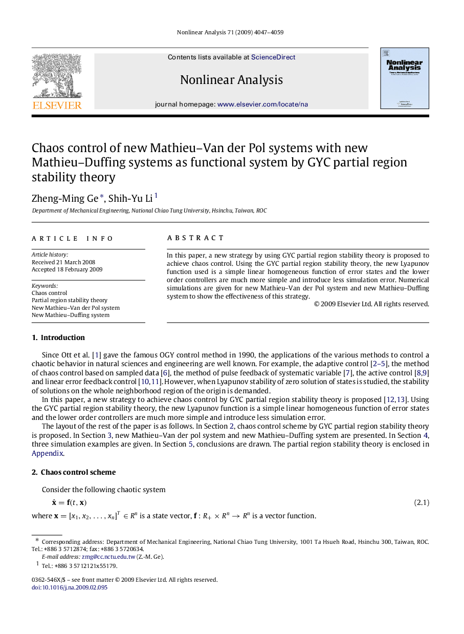 Chaos control of new Mathieu–Van der Pol systems with new Mathieu–Duffing systems as functional system by GYC partial region stability theory