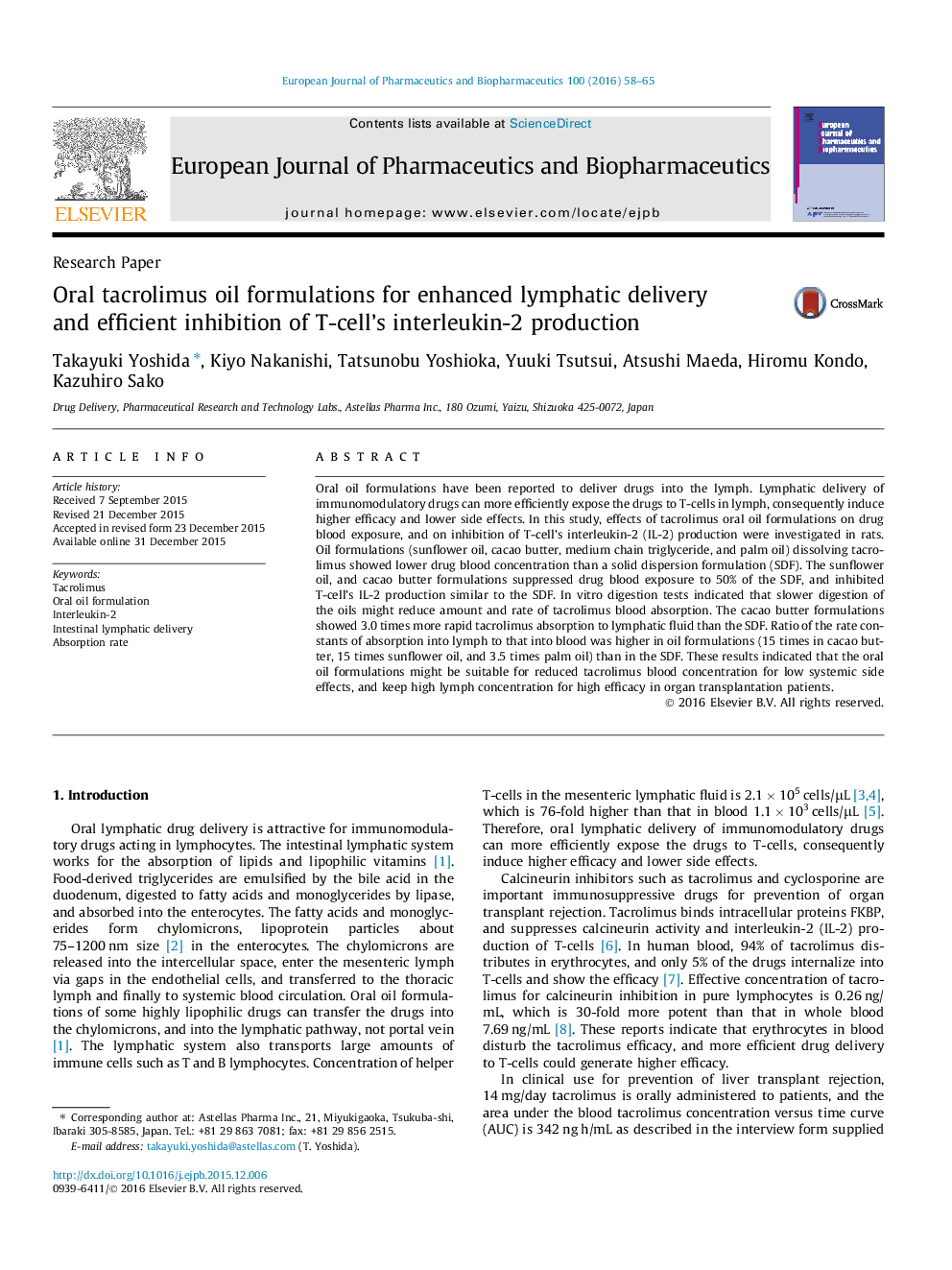 Oral tacrolimus oil formulations for enhanced lymphatic delivery and efficient inhibition of T-cell's interleukin-2 production