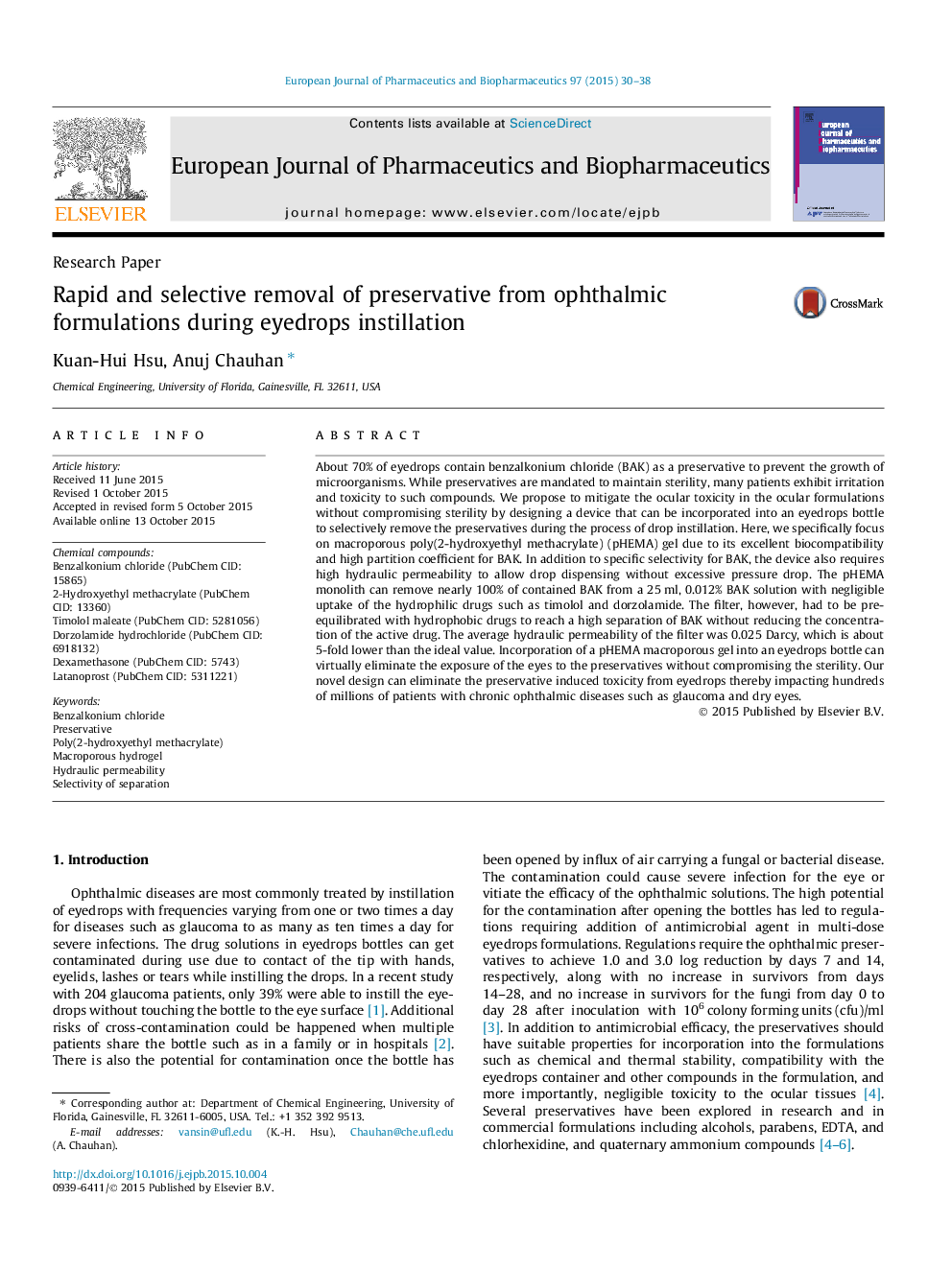 Rapid and selective removal of preservative from ophthalmic formulations during eyedrops instillation