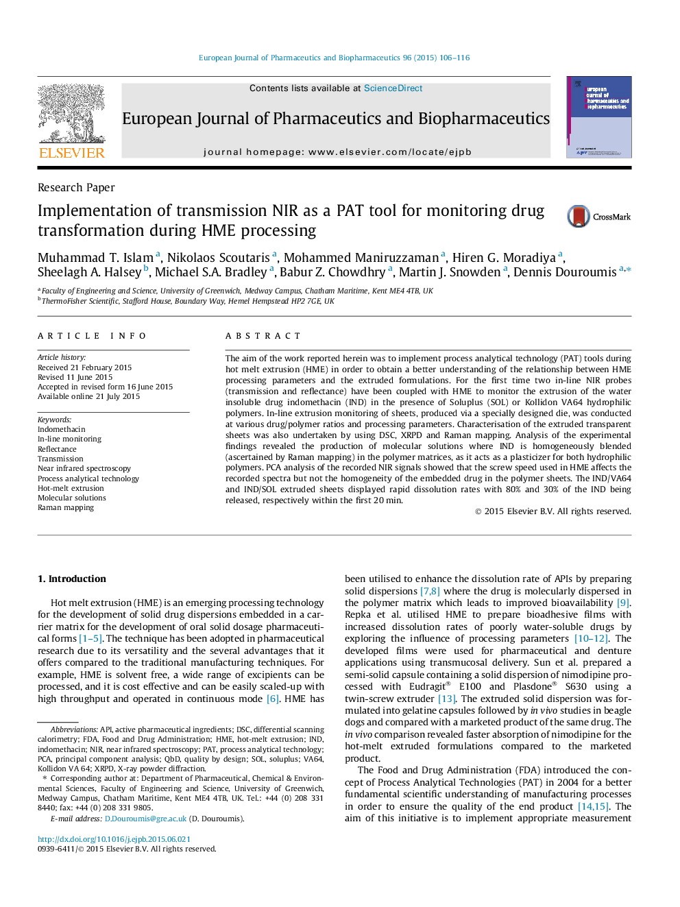 Implementation of transmission NIR as a PAT tool for monitoring drug transformation during HME processing