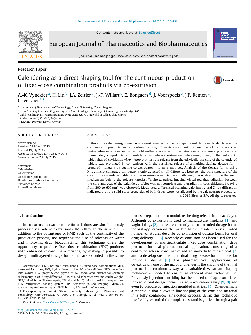 Calendering as a direct shaping tool for the continuous production of fixed-dose combination products via co-extrusion