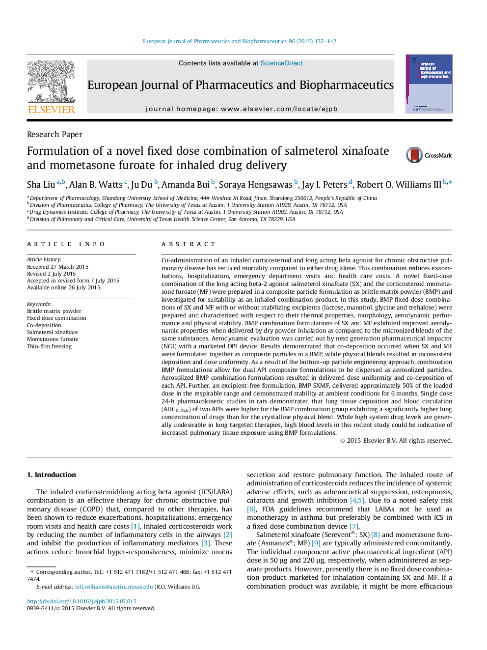 Formulation of a novel fixed dose combination of salmeterol xinafoate and mometasone furoate for inhaled drug delivery