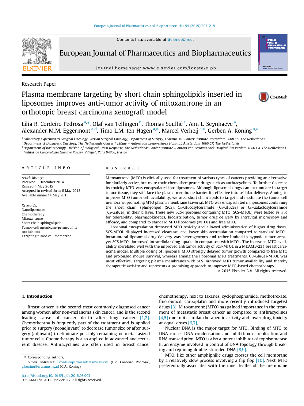 Plasma membrane targeting by short chain sphingolipids inserted in liposomes improves anti-tumor activity of mitoxantrone in an orthotopic breast carcinoma xenograft model