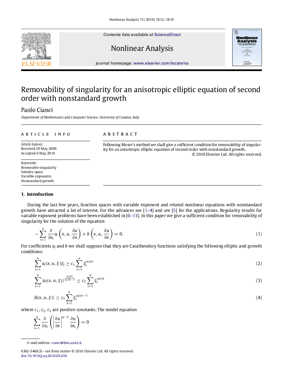 Removability of singularity for an anisotropic elliptic equation of second order with nonstandard growth