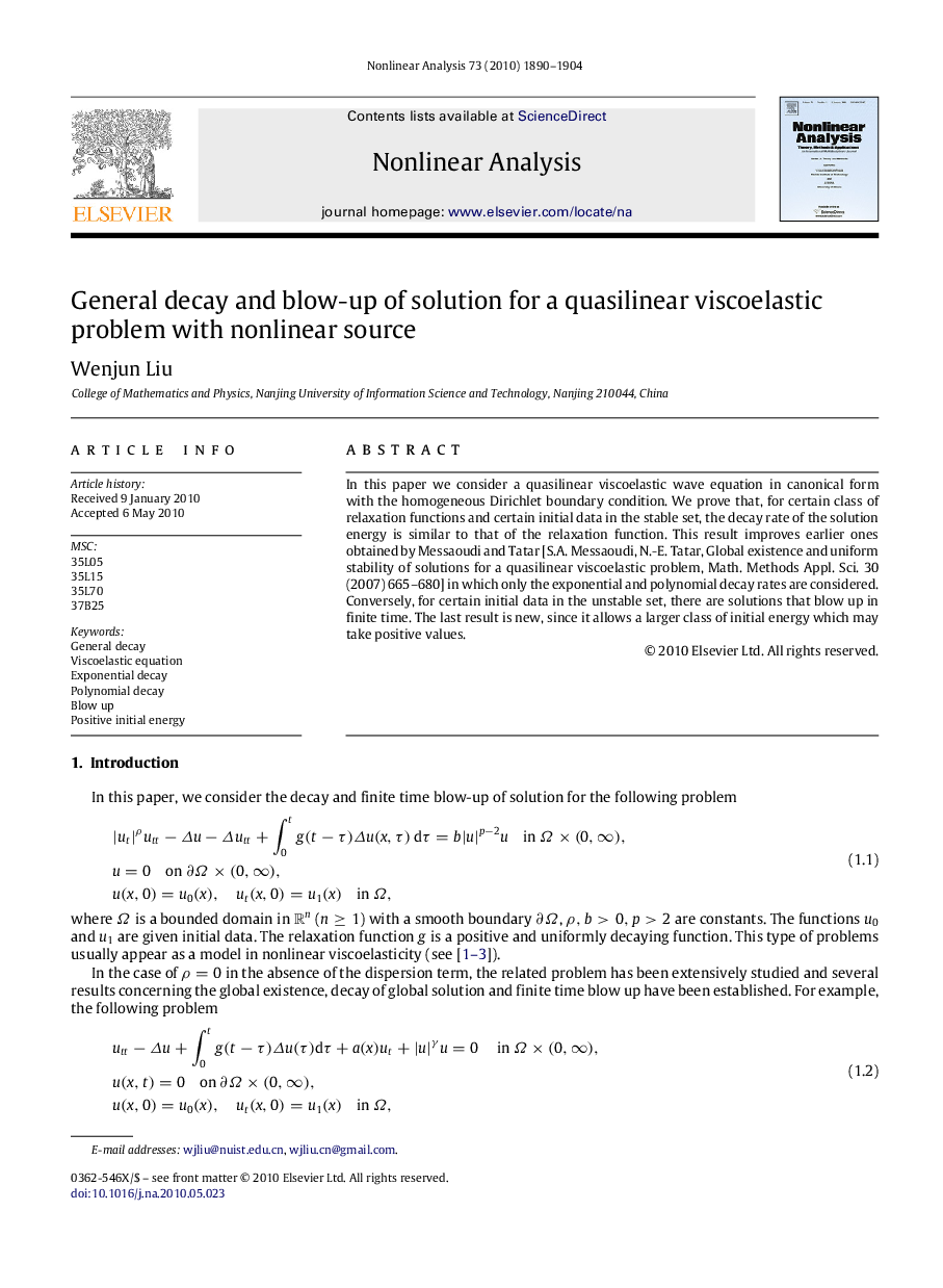 General decay and blow-up of solution for a quasilinear viscoelastic problem with nonlinear source