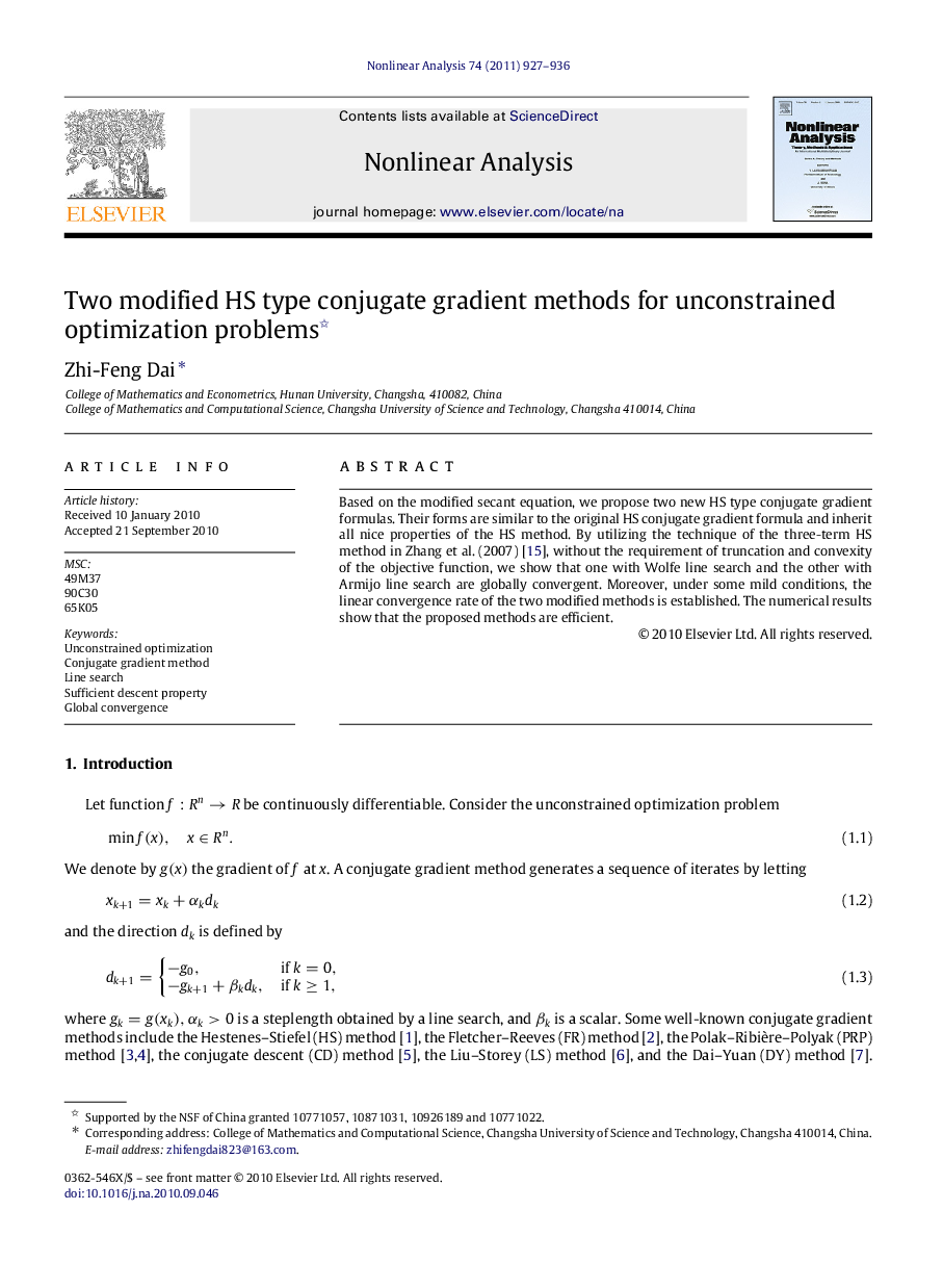 Two modified HS type conjugate gradient methods for unconstrained optimization problems 