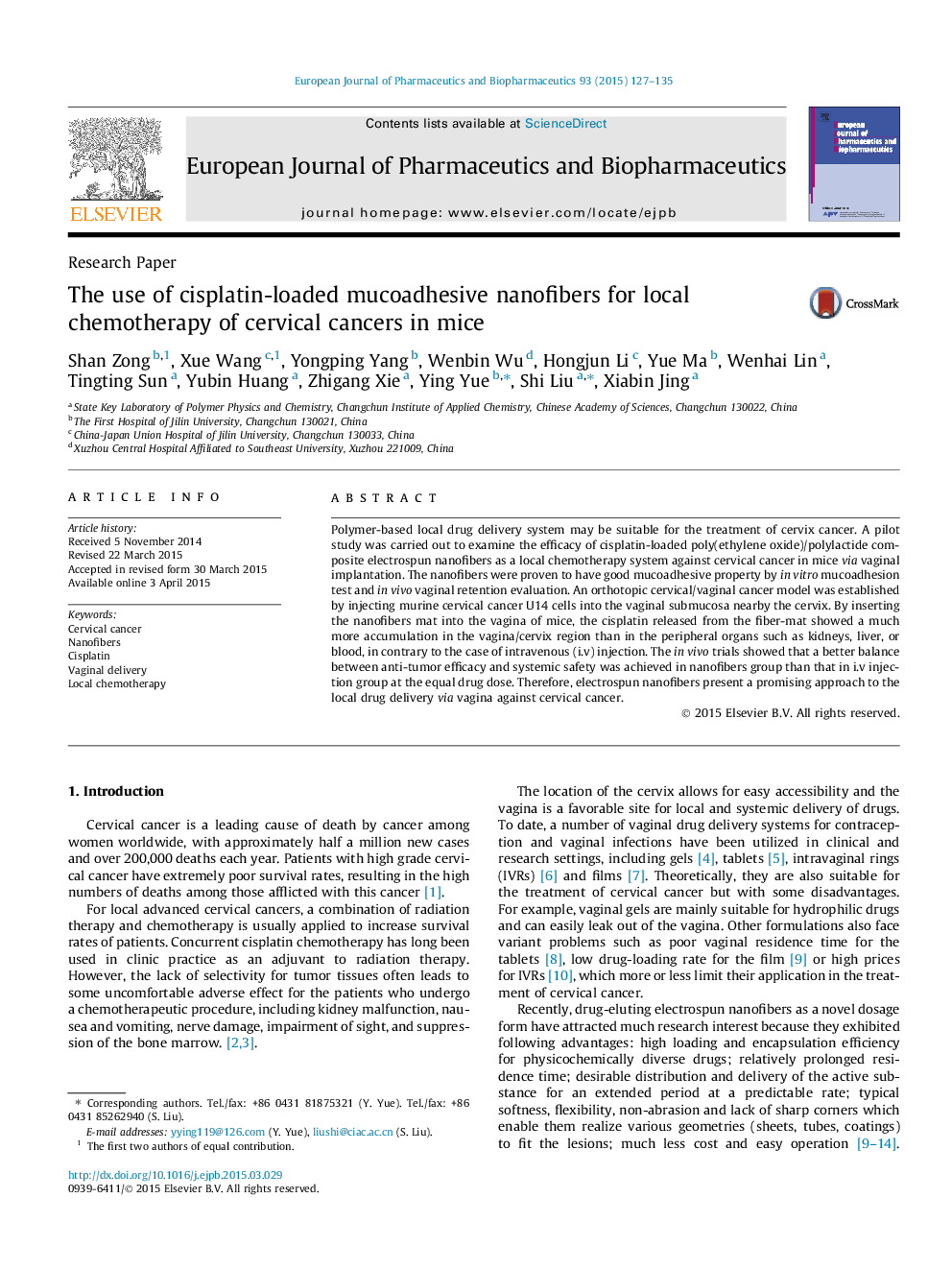 The use of cisplatin-loaded mucoadhesive nanofibers for local chemotherapy of cervical cancers in mice