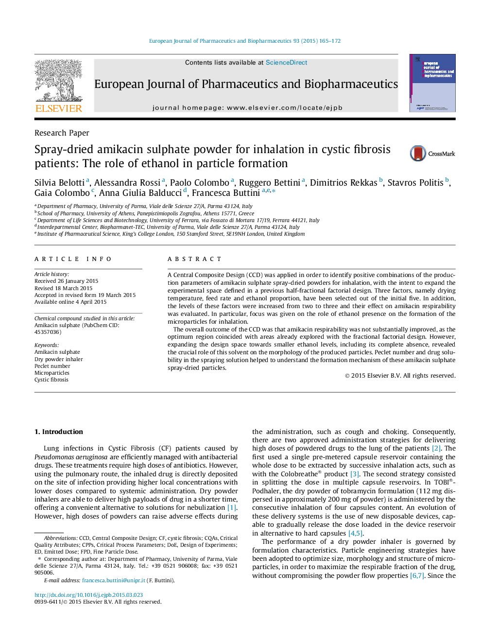 Spray-dried amikacin sulphate powder for inhalation in cystic fibrosis patients: The role of ethanol in particle formation