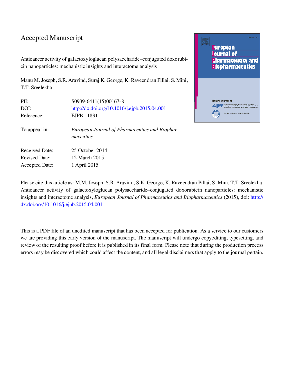 Anticancer activity of galactoxyloglucan polysaccharide-conjugated doxorubicin nanoparticles: Mechanistic insights and interactome analysis