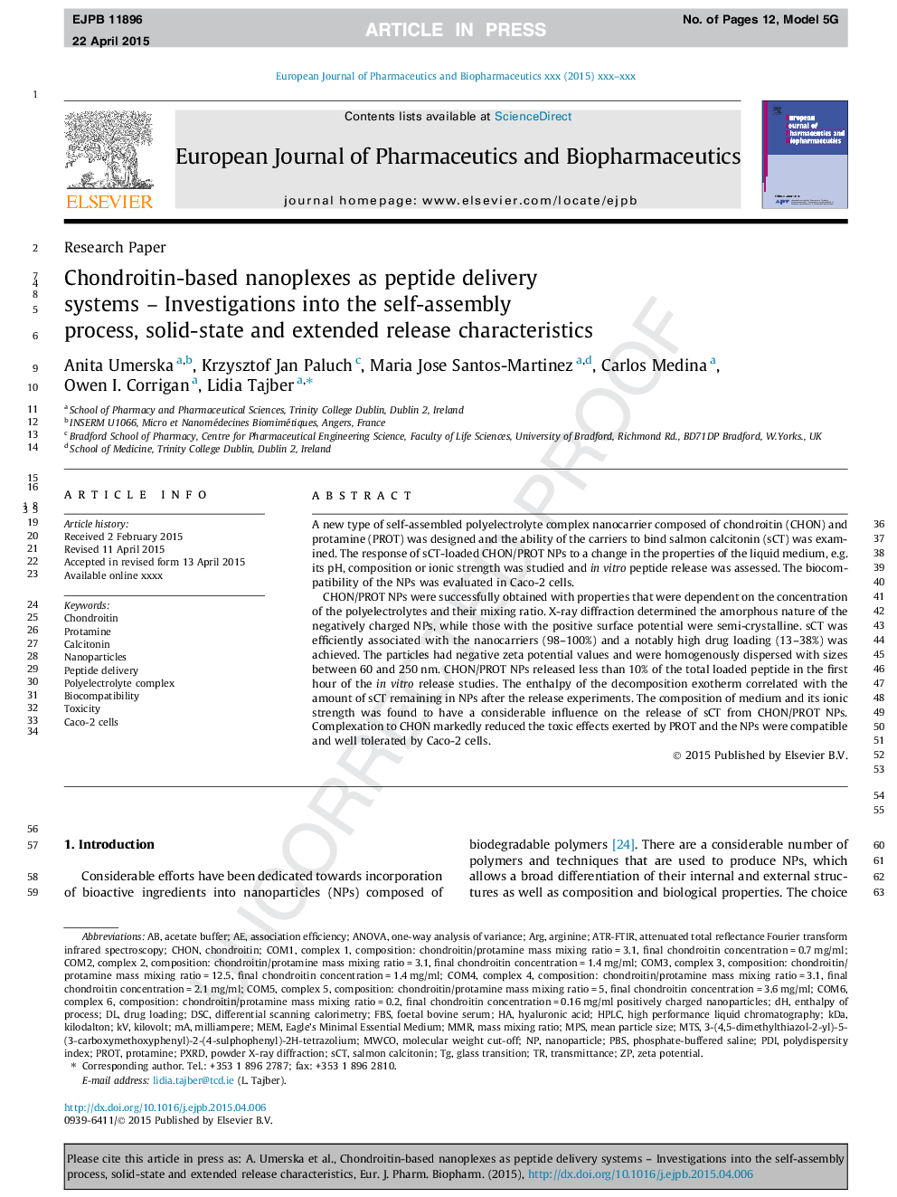 Chondroitin-based nanoplexes as peptide delivery systems - Investigations into the self-assembly process, solid-state and extended release characteristics