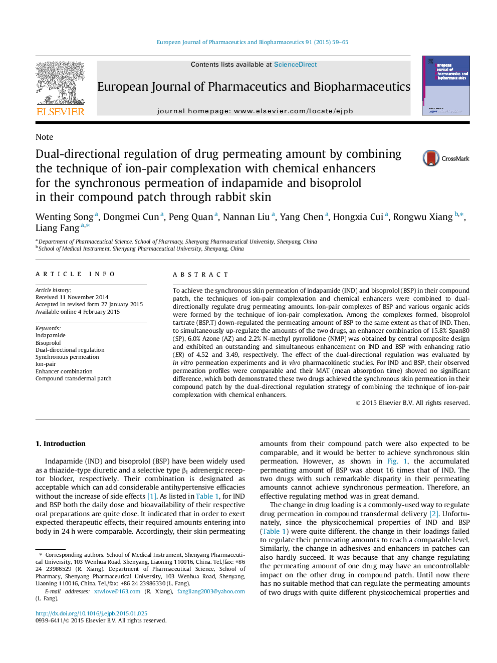 Dual-directional regulation of drug permeating amount by combining the technique of ion-pair complexation with chemical enhancers for the synchronous permeation of indapamide and bisoprolol in their compound patch through rabbit skin