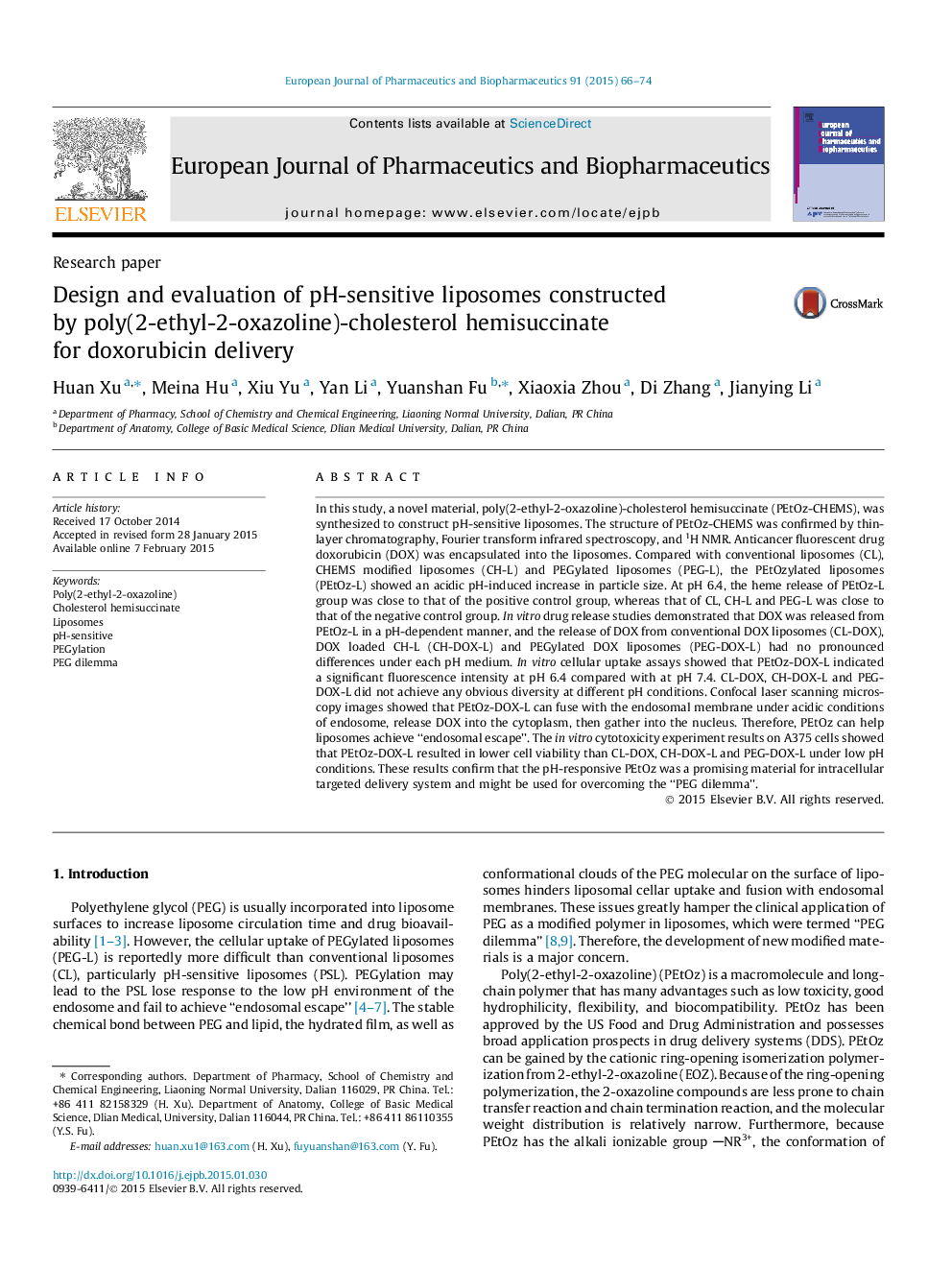 عکس صفحه اول مقاله: Design and evaluation of pH-sensitive liposomes constructed by poly(2-ethyl-2-oxazoline)-cholesterol hemisuccinate for doxorubicin delivery Design and evaluation of pH-sensitive liposomes constructed by poly(2-ethyl-2-oxazoline)-cholesterol hemisuccinate for doxorubicin delivery