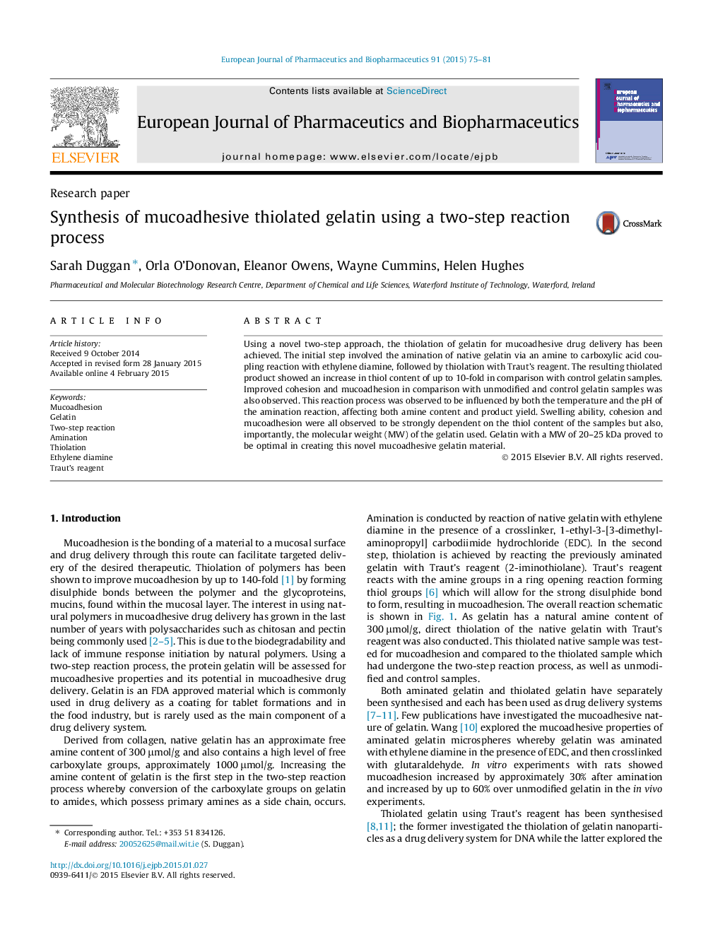 Synthesis of mucoadhesive thiolated gelatin using a two-step reaction process