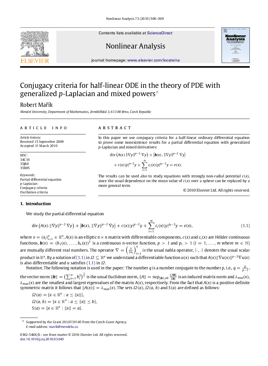 Conjugacy criteria for half-linear ODE in the theory of PDE with generalized pp-Laplacian and mixed powers 