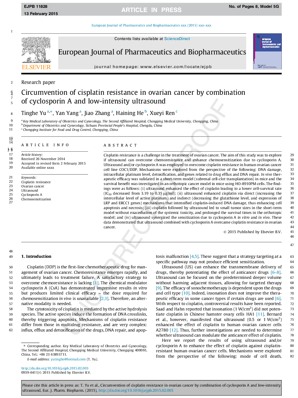 Circumvention of cisplatin resistance in ovarian cancer by combination of cyclosporin A and low-intensity ultrasound