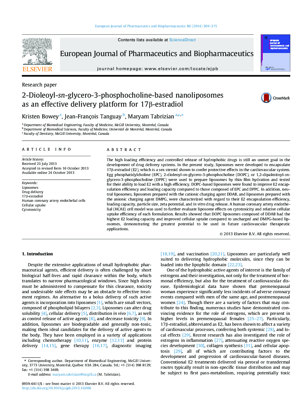 2-Dioleoyl-sn-glycero-3-phosphocholine-based nanoliposomes as an effective delivery platform for 17Î²-estradiol