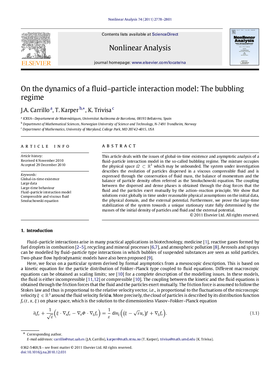 On the dynamics of a fluid–particle interaction model: The bubbling regime