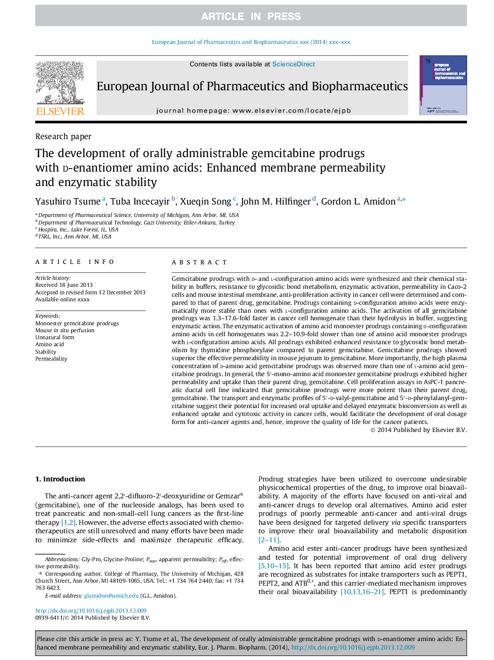 The development of orally administrable gemcitabine prodrugs with d-enantiomer amino acids: Enhanced membrane permeability and enzymatic stability