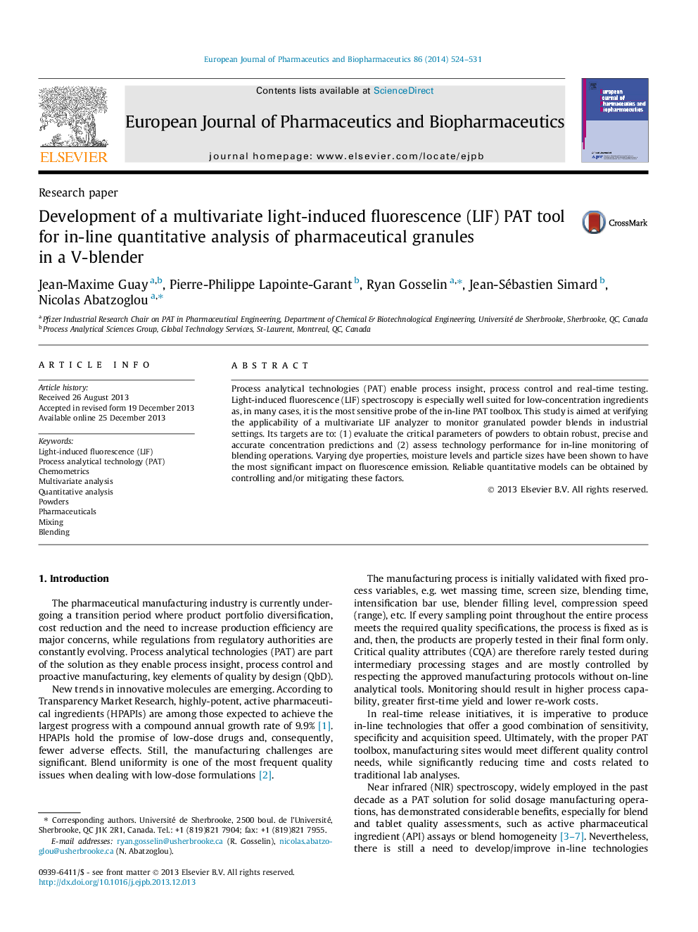 Development of a multivariate light-induced fluorescence (LIF) PAT tool for in-line quantitative analysis of pharmaceutical granules in a V-blender