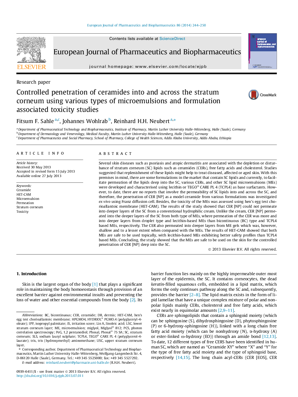 Controlled penetration of ceramides into and across the stratum corneum using various types of microemulsions and formulation associated toxicity studies