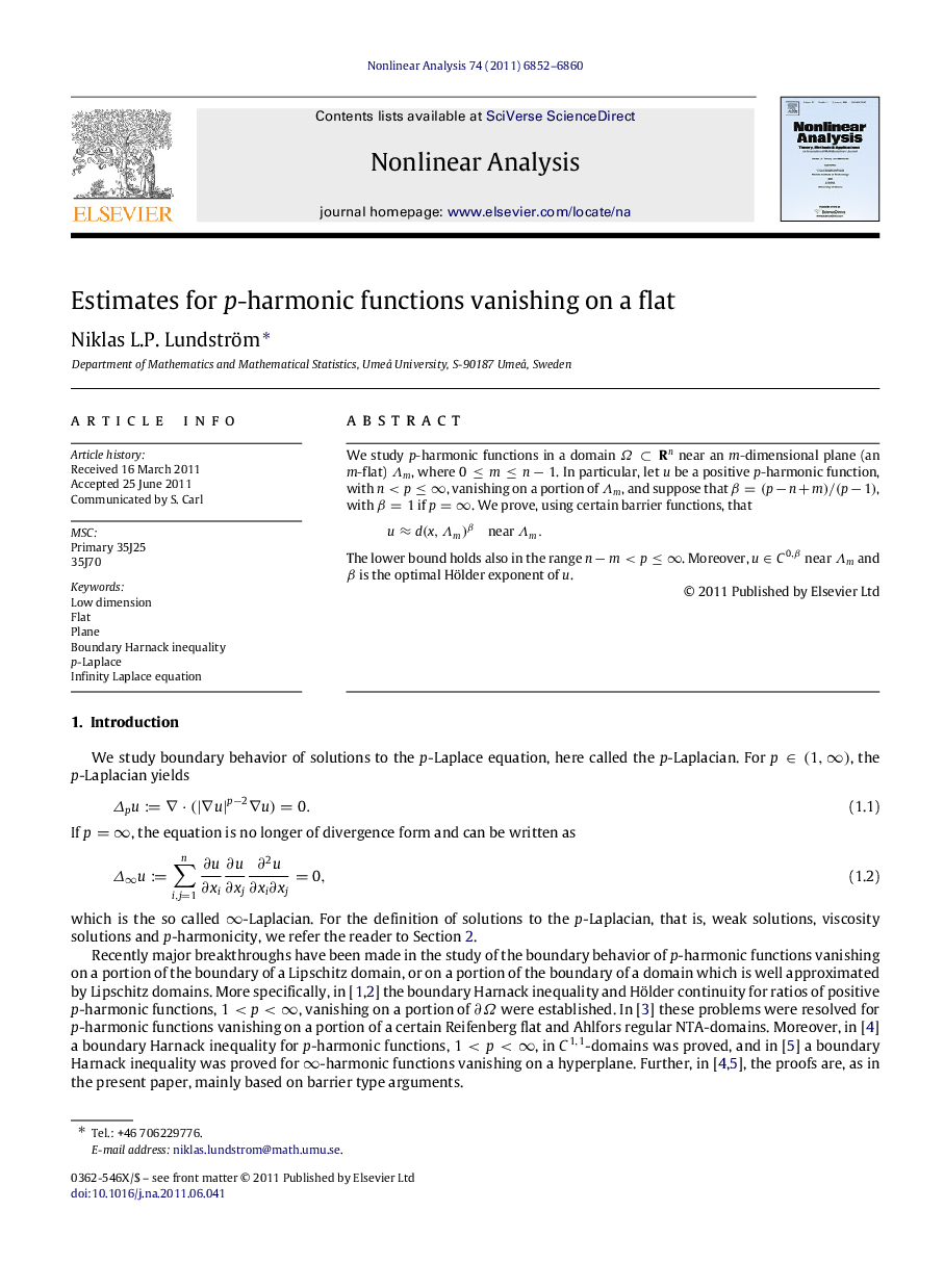 Estimates for pp-harmonic functions vanishing on a flat