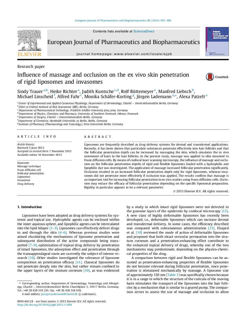 Influence of massage and occlusion on the ex vivo skin penetration of rigid liposomes and invasomes