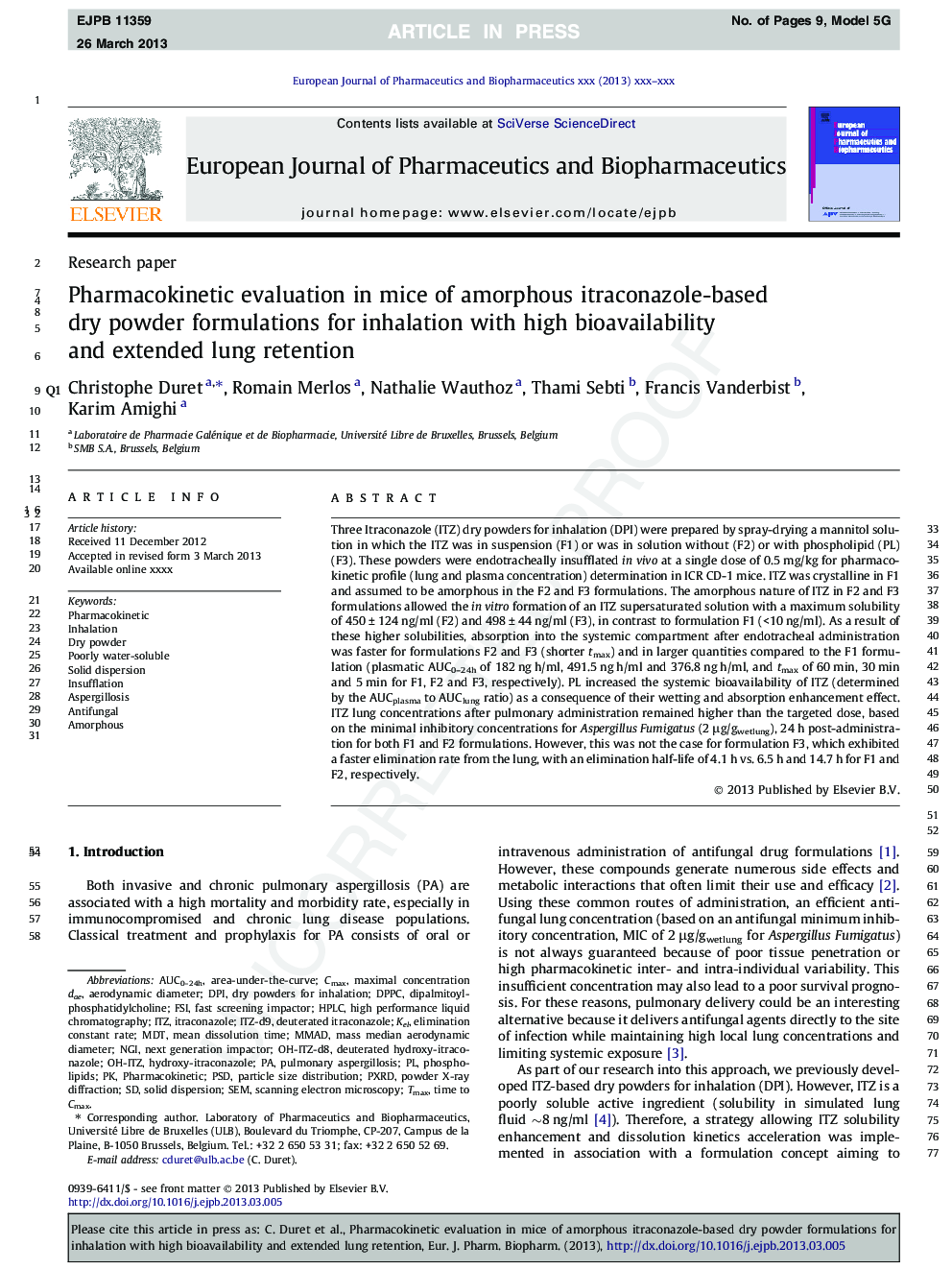 Pharmacokinetic evaluation in mice of amorphous itraconazole-based dry powder formulations for inhalation with high bioavailability and extended lung retention