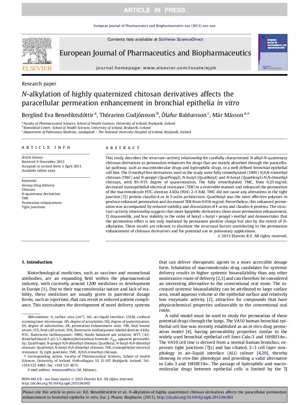 N-alkylation of highly quaternized chitosan derivatives affects the paracellular permeation enhancement in bronchial epithelia in vitro