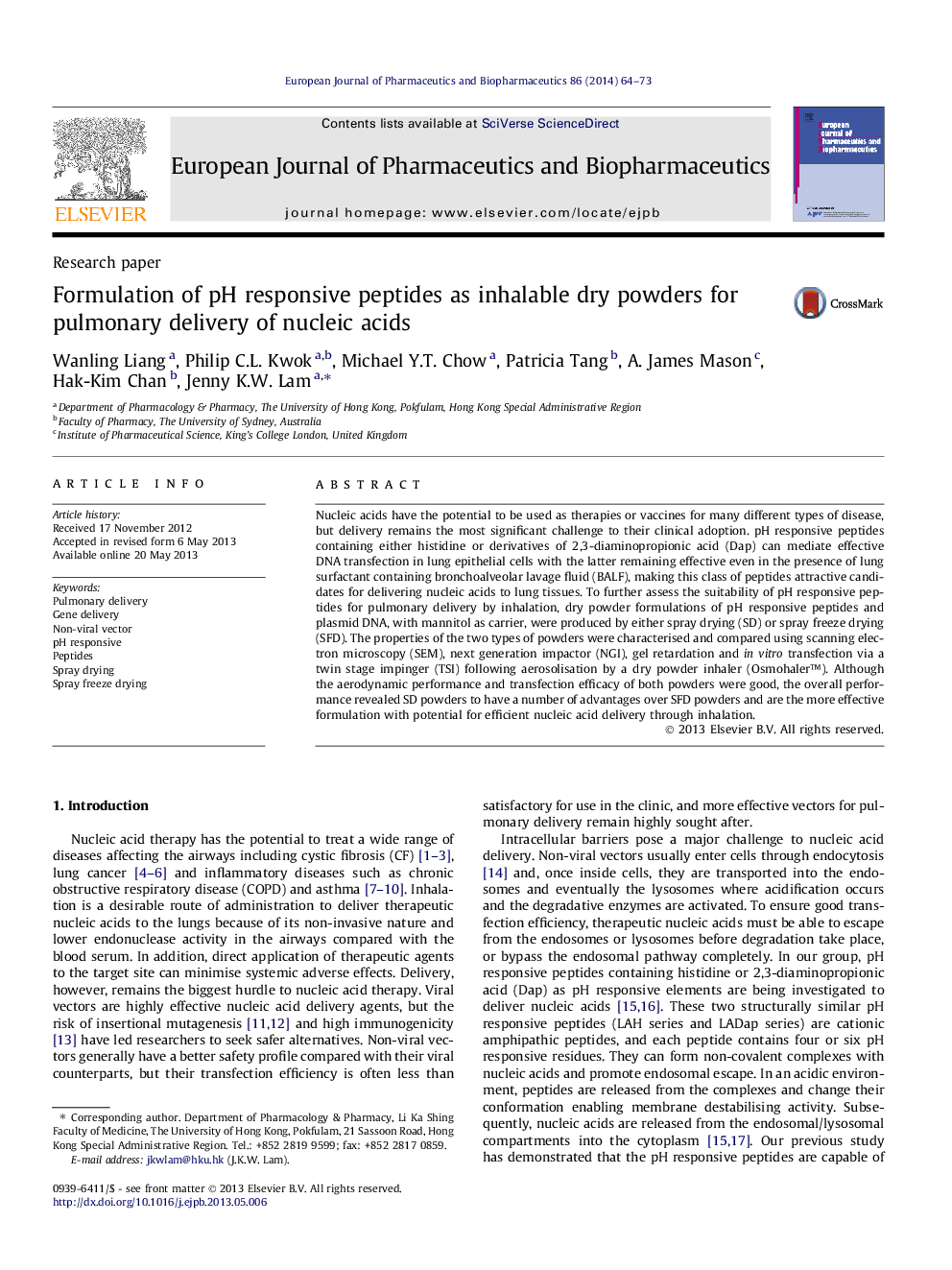 Formulation of pH responsive peptides as inhalable dry powders for pulmonary delivery of nucleic acids