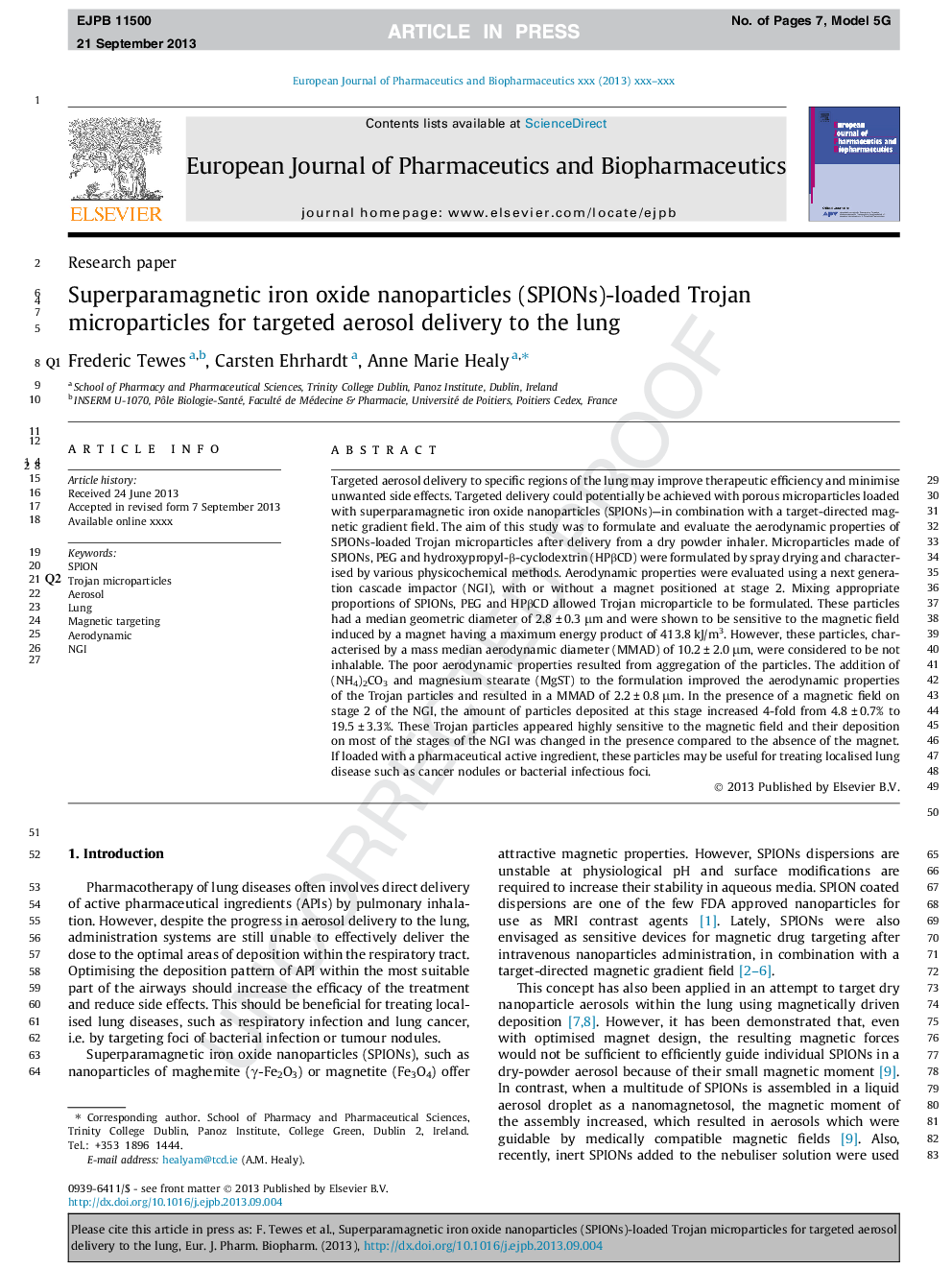 Superparamagnetic iron oxide nanoparticles (SPIONs)-loaded Trojan microparticles for targeted aerosol delivery to the lung