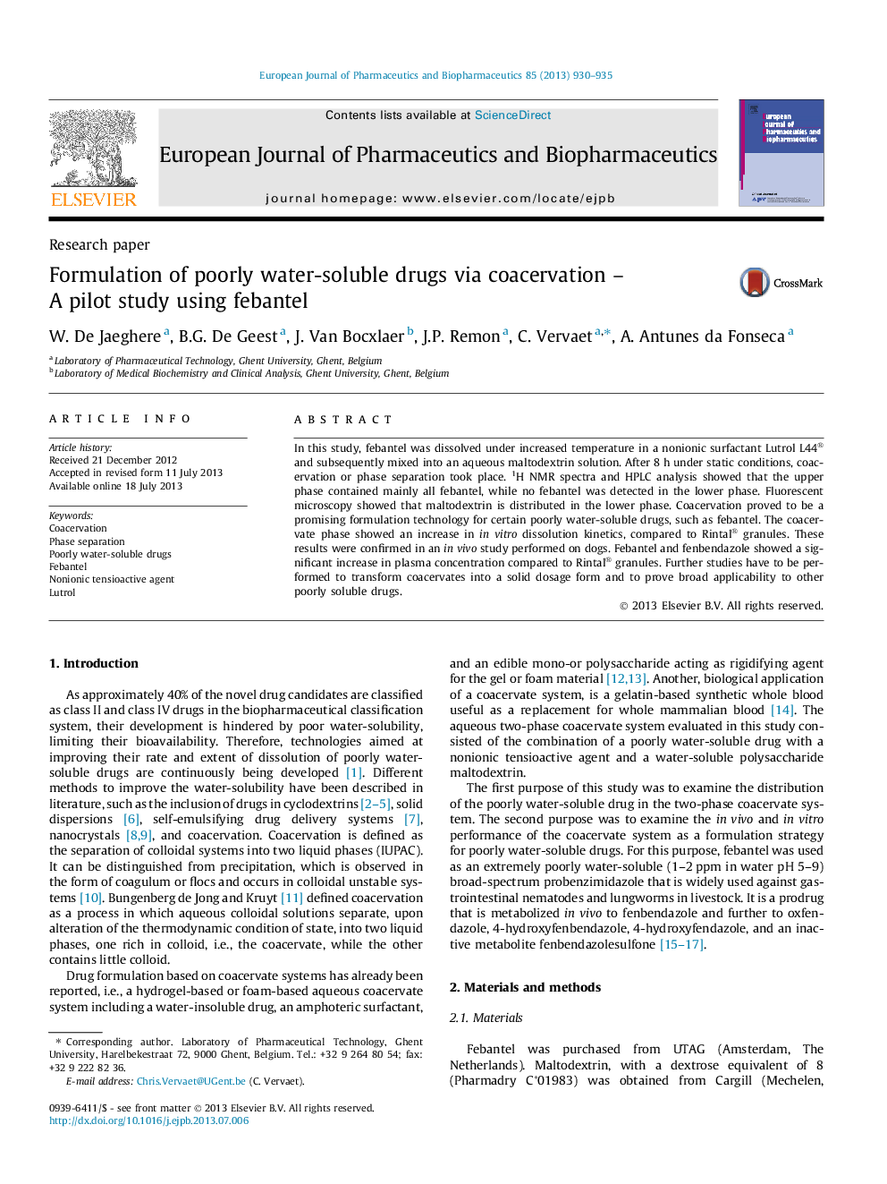 Formulation of poorly water-soluble drugs via coacervation - A pilot study using febantel