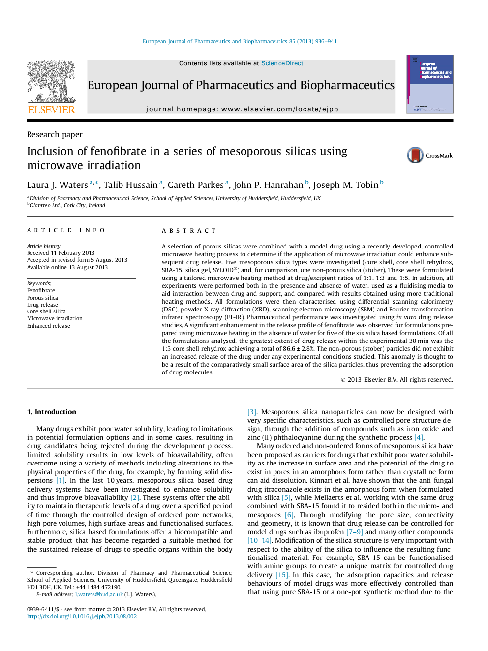 Inclusion of fenofibrate in a series of mesoporous silicas using microwave irradiation