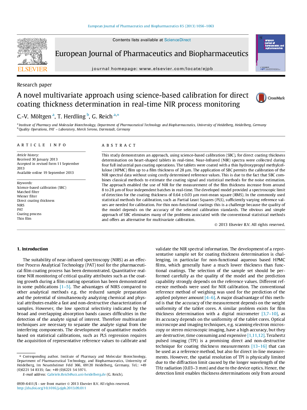 A novel multivariate approach using science-based calibration for direct coating thickness determination in real-time NIR process monitoring