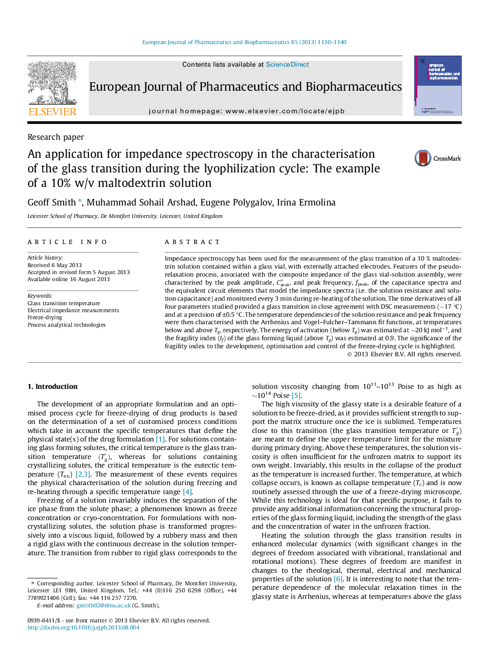 An application for impedance spectroscopy in the characterisation of the glass transition during the lyophilization cycle: The example of a 10% w/v maltodextrin solution