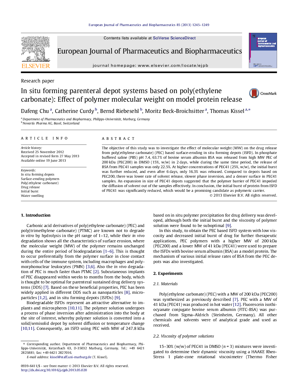 سیستم های انبارداری تزریقی مبتنی بر پلی (اتیلن کربناته) در داخل محلول: اثر وزن مولکولی پلیمر بر انتشار پروتئین مدل 