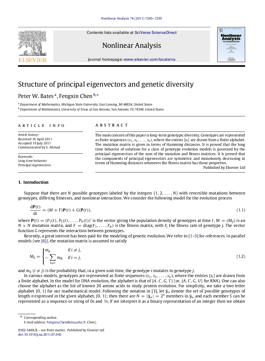 عکس صفحه اول مقاله: Structure of principal eigenvectors and genetic diversity Structure of principal eigenvectors and genetic diversity