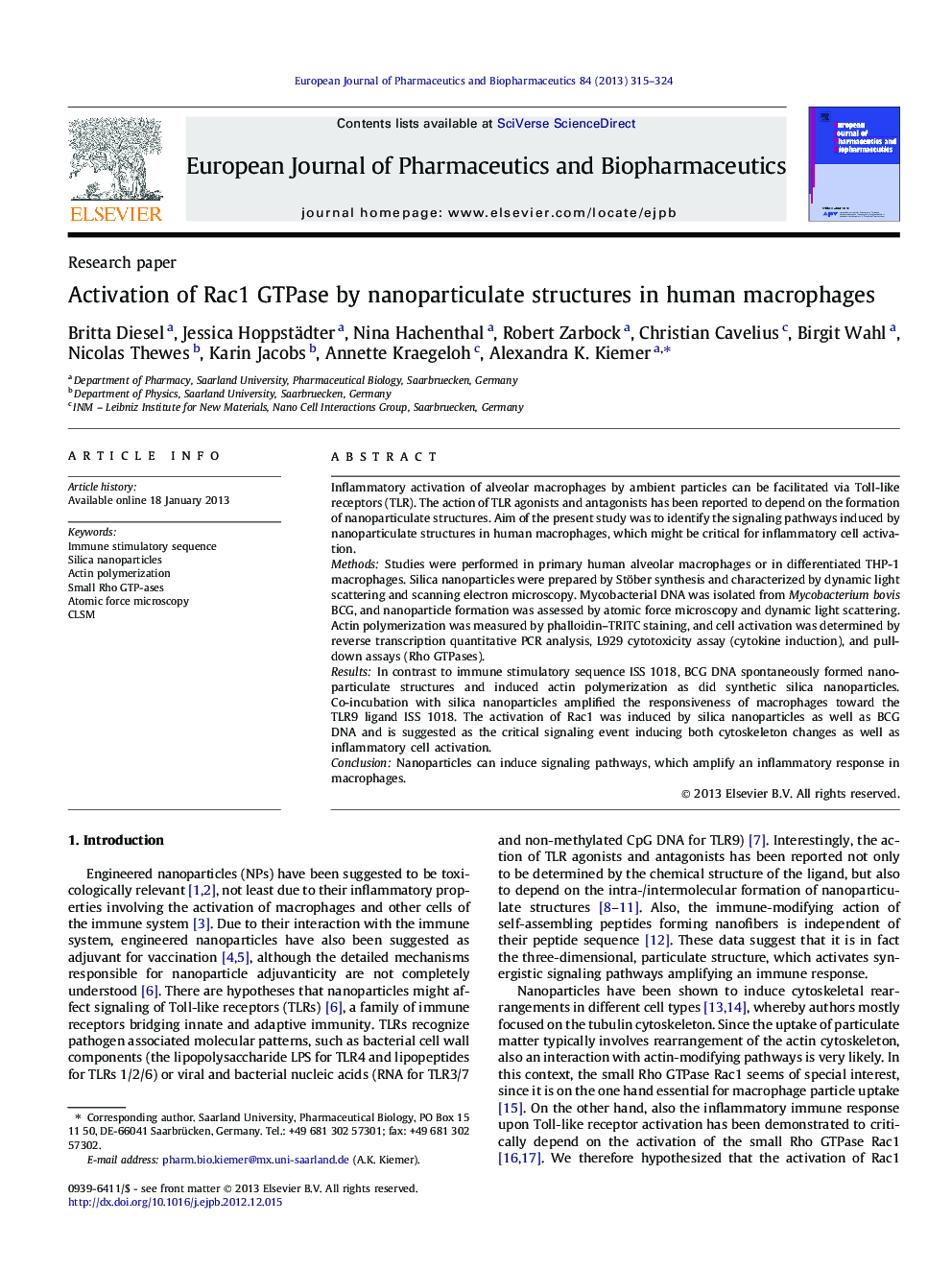 Activation of Rac1 GTPase by nanoparticulate structures in human macrophages