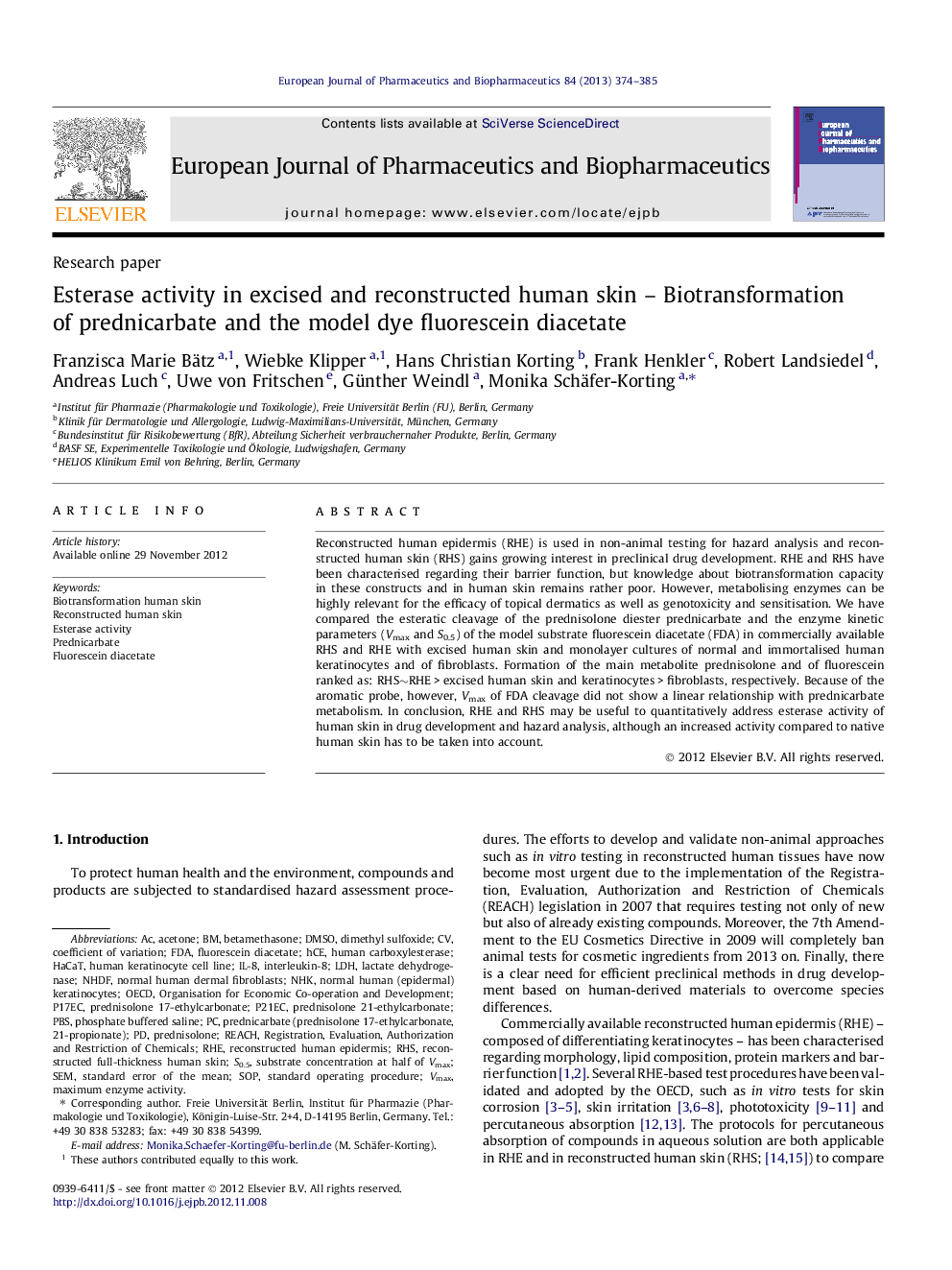 Esterase activity in excised and reconstructed human skin - Biotransformation of prednicarbate and the model dye fluorescein diacetate