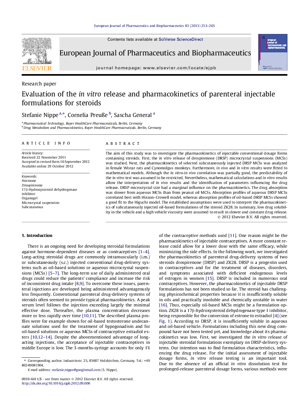 Evaluation of the in vitro release and pharmacokinetics of parenteral injectable formulations for steroids