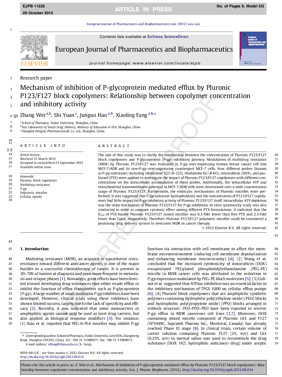 Mechanism of inhibition of P-glycoprotein mediated efflux by Pluronic P123/F127 block copolymers: Relationship between copolymer concentration and inhibitory activity