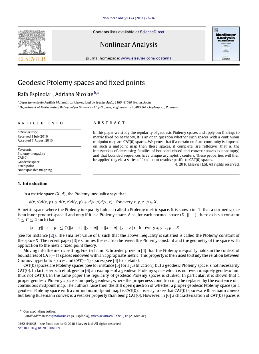 Geodesic Ptolemy spaces and fixed points