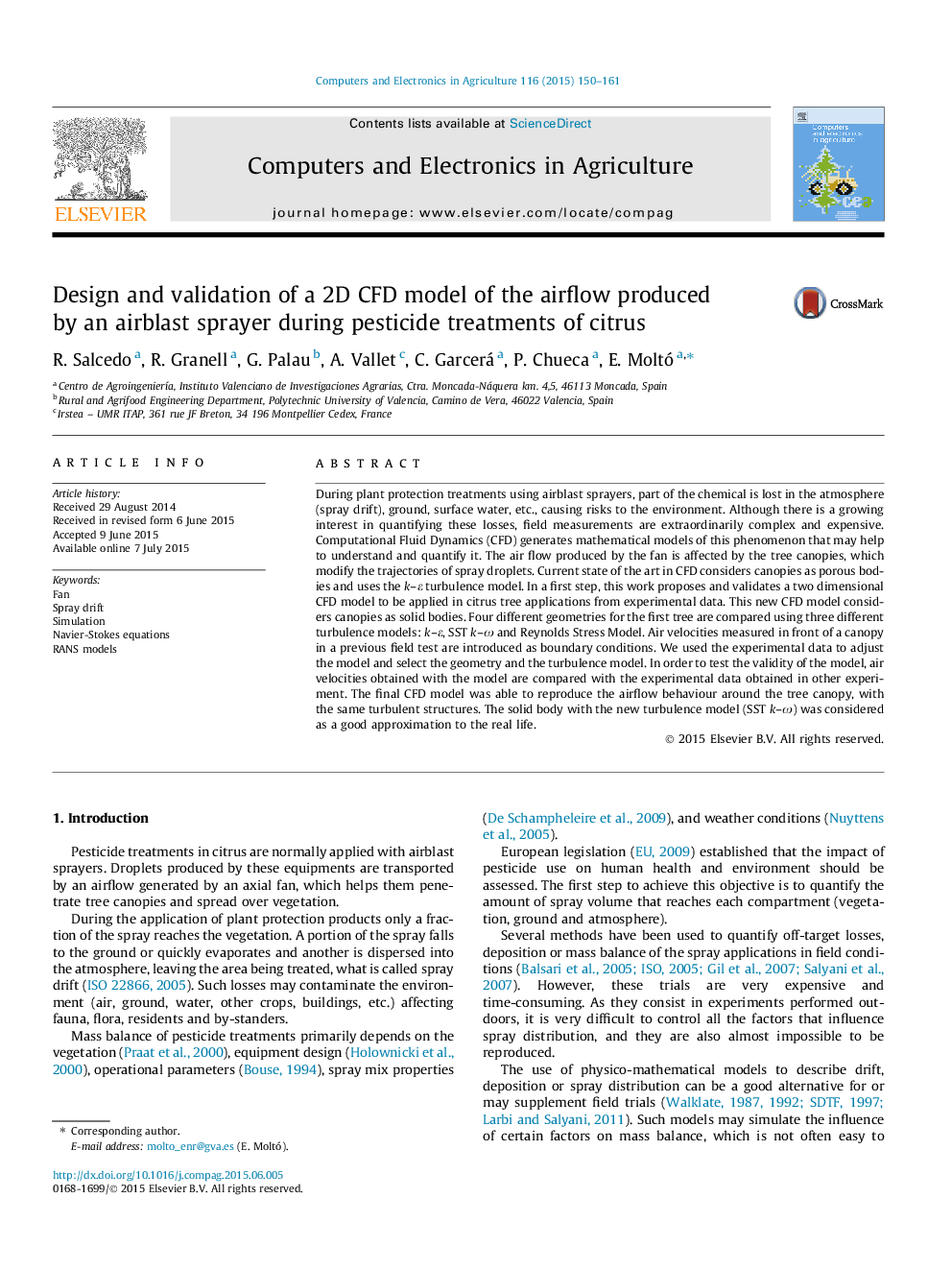 Design and validation of a 2D CFD model of the airflow produced by an airblast sprayer during pesticide treatments of citrus