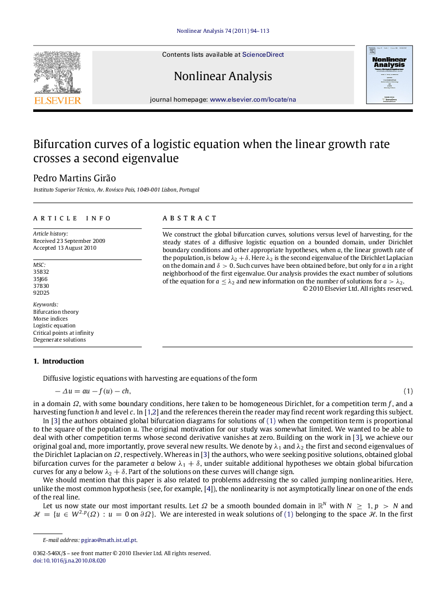 Bifurcation curves of a logistic equation when the linear growth rate crosses a second eigenvalue