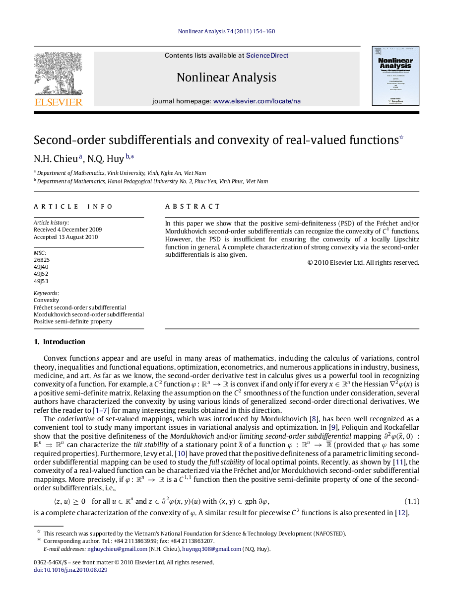 Second-order subdifferentials and convexity of real-valued functions 