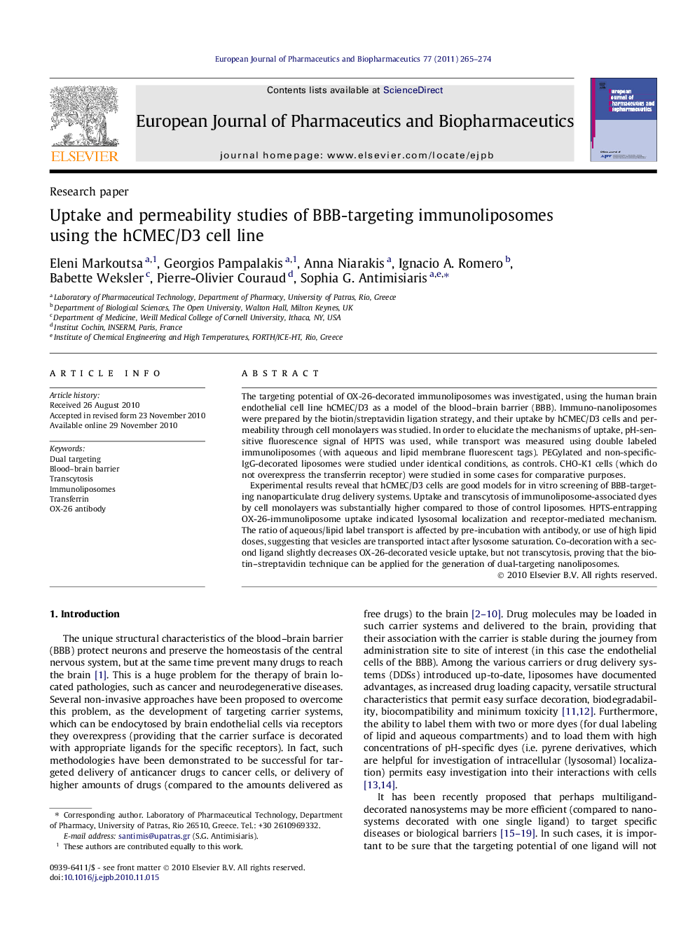 Uptake and permeability studies of BBB-targeting immunoliposomes using the hCMEC/D3 cell line